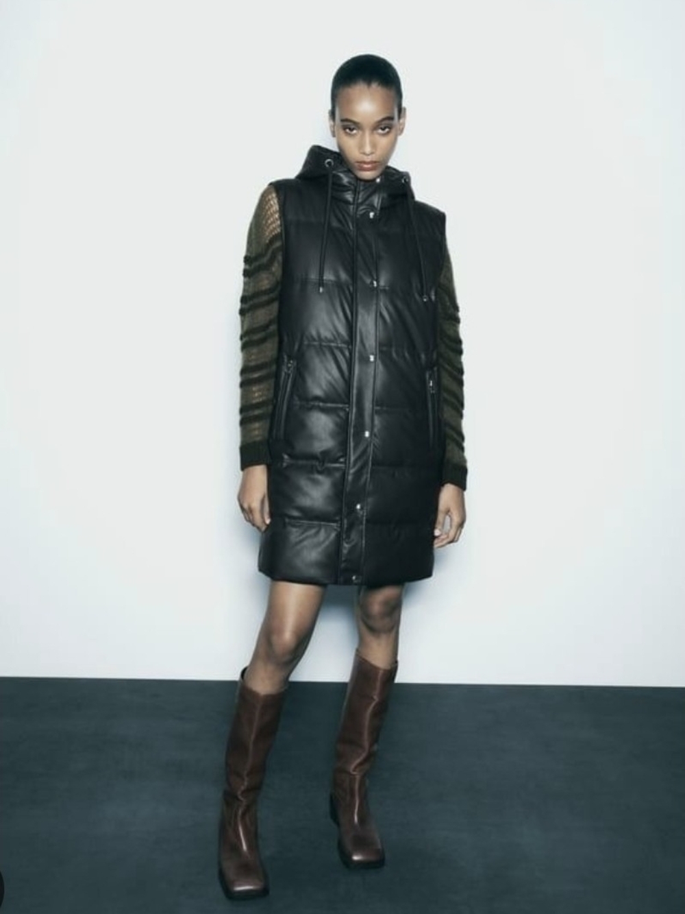 Zara Black Quilted Hooded Long Puffer Vest